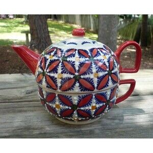 Yokohama Studio Tea for One Hand Painted Porcelain Teapot & Cup Red & Blue